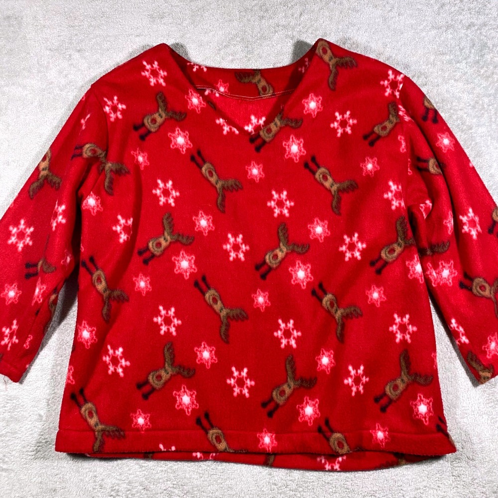 Handmade Reindeer Snowflake Fleece Top Women XL Red Holiday V-Neck Pullover - Picture 2 of 13